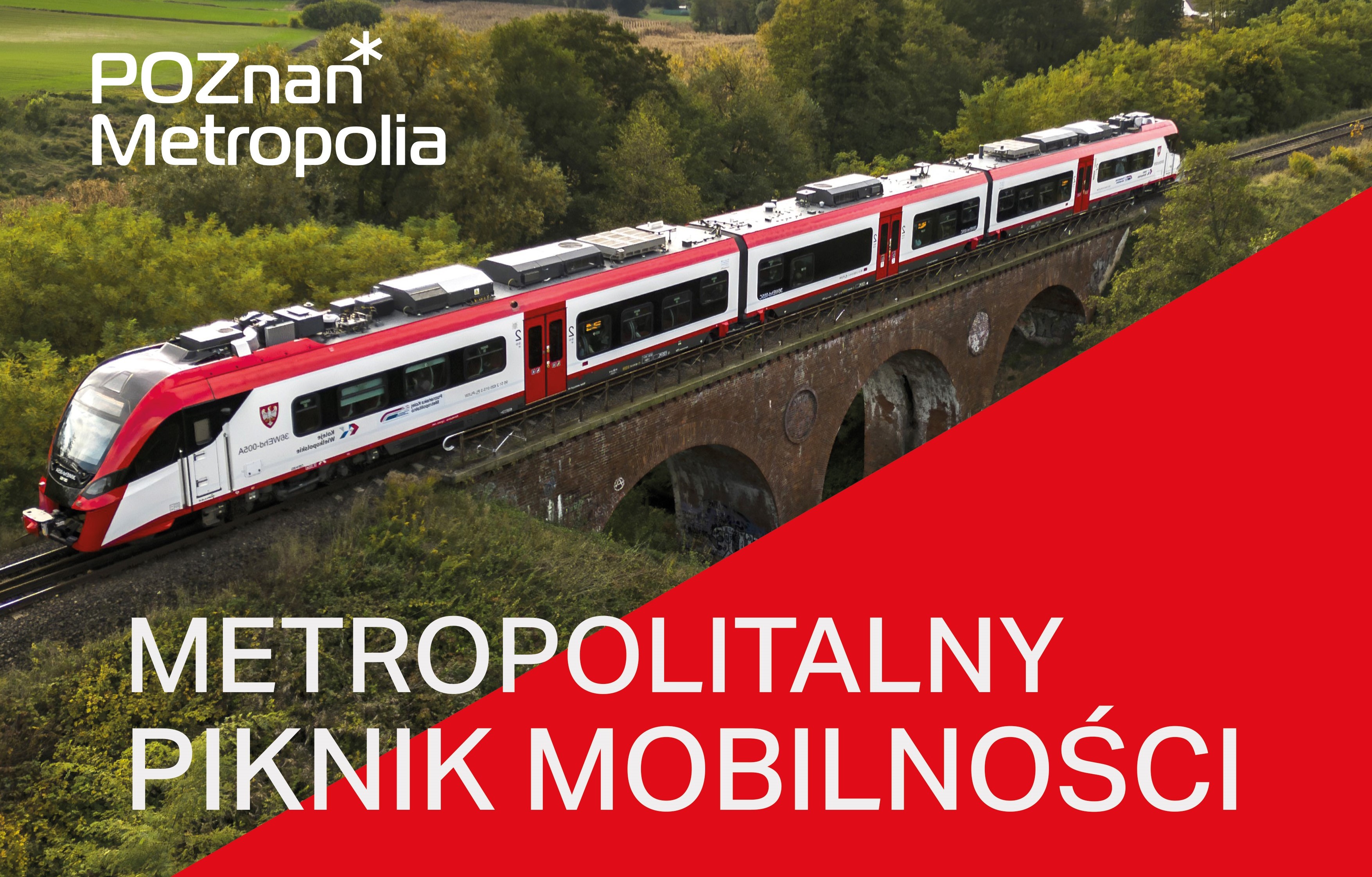 Grafika przedstawia widok jadącego pociągu oraz napis METROPOLITALNY PIKNIK MOBILNOŚCI.