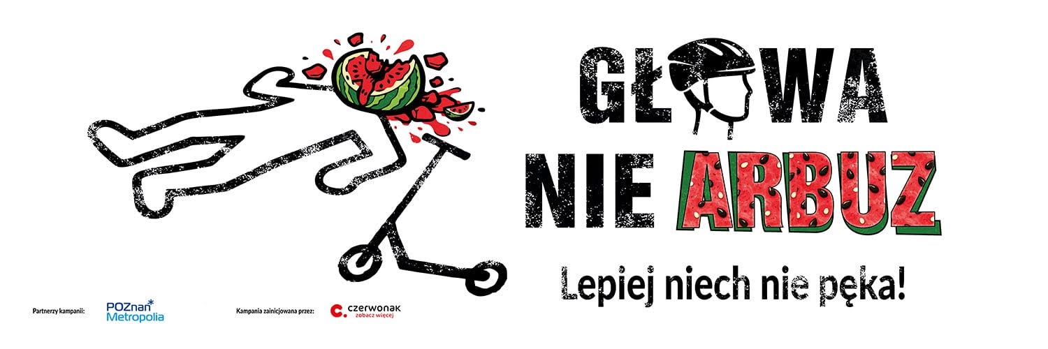 Grafika przedstawia kampanię społeczną gminy Czerwonak "Głowa nie arbuz, lepiej niech nie pęka"