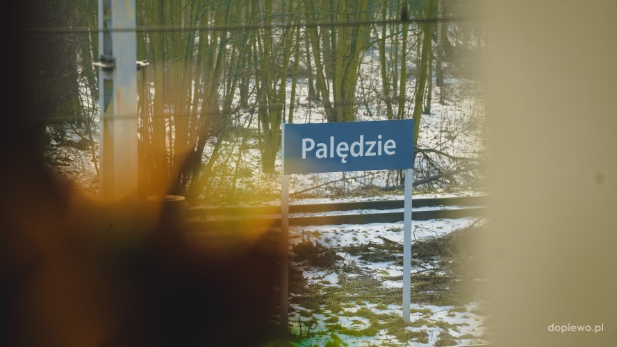 Fotografia przedstawia tablicę na peronie z nazwą stacji Palędzie.