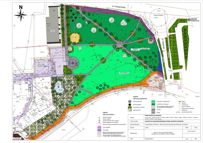 Rysunek techniczny przedstawiający plan przebudowy Parku Budzyń.
