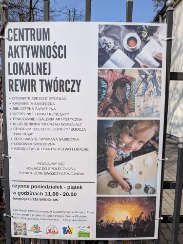 Plakat z napisem: Centrum Aktywności Lokalnej Rewir Twórczy