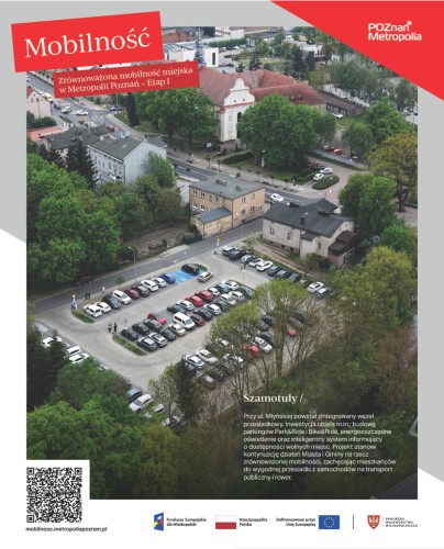 Plansza edukacyjna informująca o nowym punkcie przesiadkowym w Szamotułach.