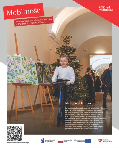 Plansza edukacyjna informująca o działaniach edukacyjnych w Metropolii Poznań.