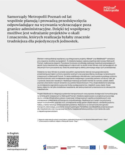 Grafika przedstawia opis projektów Klimat i Mobilność w Metropolii Poznań.